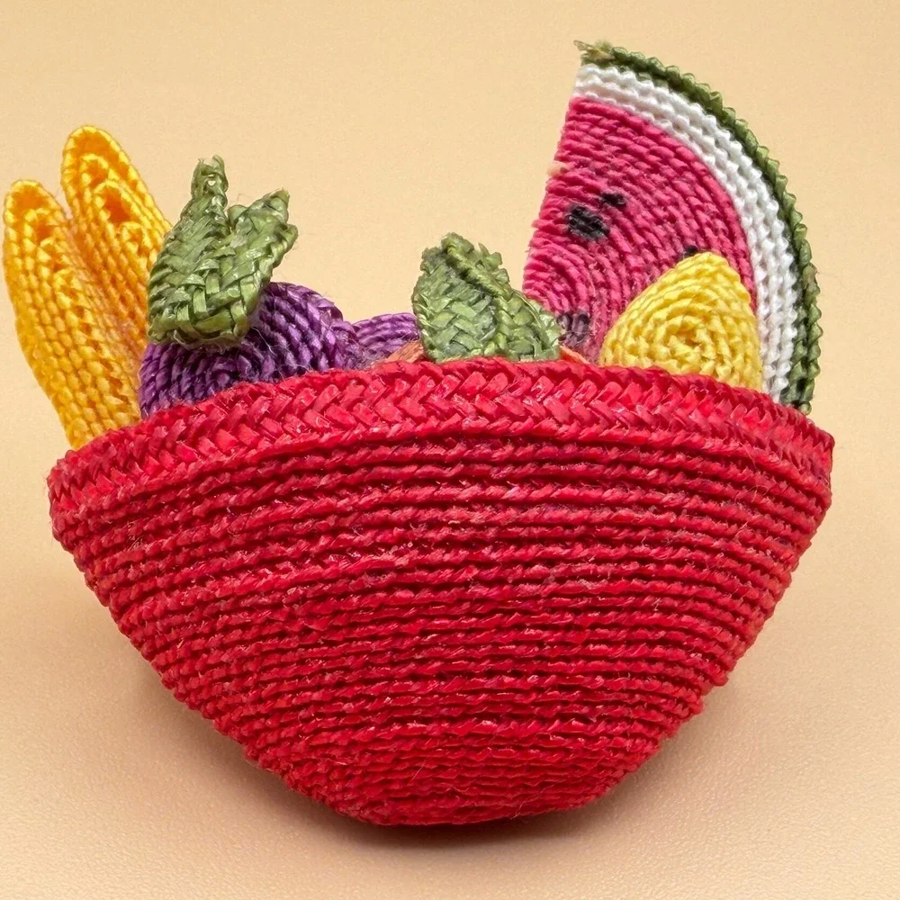 Woven Fruit Basket Brooch Watermelon Vintage Whimsical Boho Statement Pin Gift